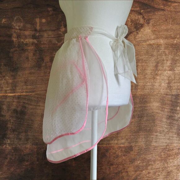Vintage Short Sheer Apron White and Pink Polka Dots Hostess Pocket - Picture 3 of 7